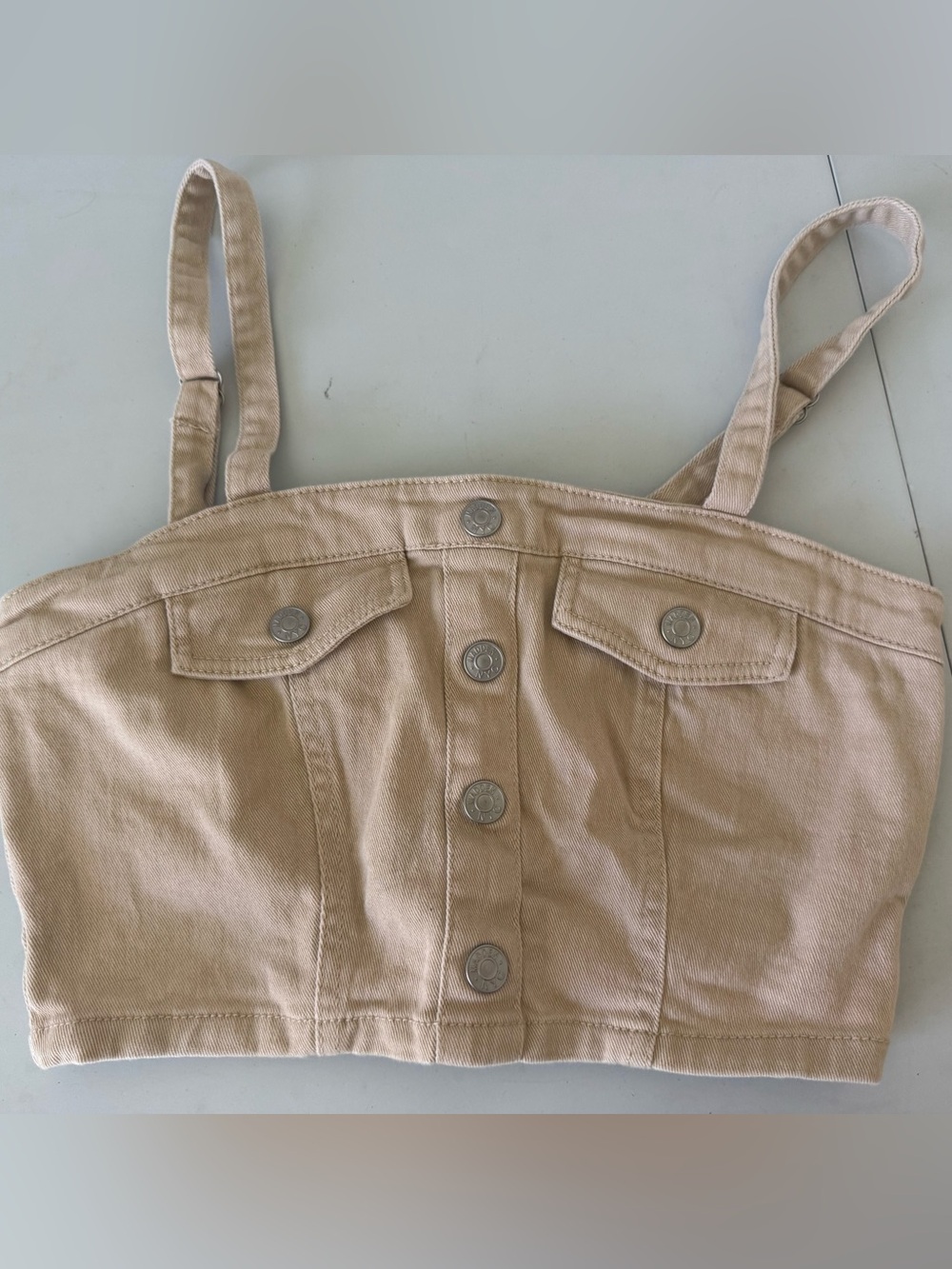 Beige Button-Front Cropped Denim Top with Pockets
